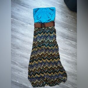 Teal & Chevron Maxi Dress with Brown Woven Belt